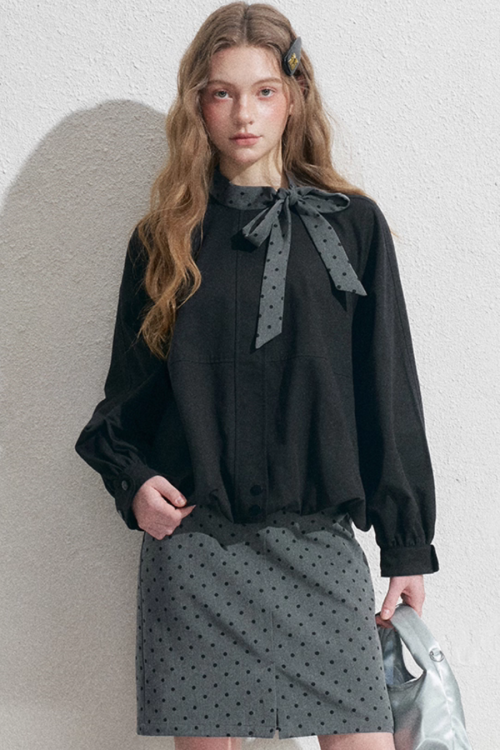 Ribbon Collar Long-Sleeve Blouse / Polka Dot Skirt