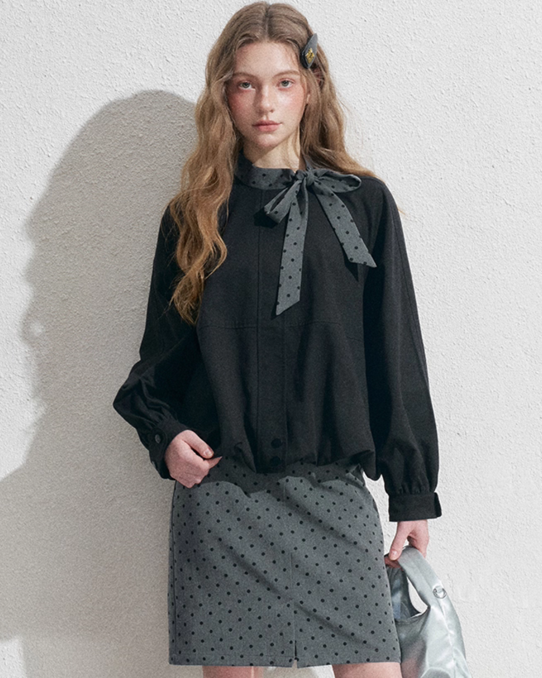 Ribbon Collar Long-Sleeve Blouse / Polka Dot Skirt Ribbon Collar Long-Sleeve Blouse / Polka Dot Skirt