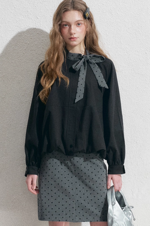 Ribbon Collar Long-Sleeve Blouse / Polka Dot Skirt