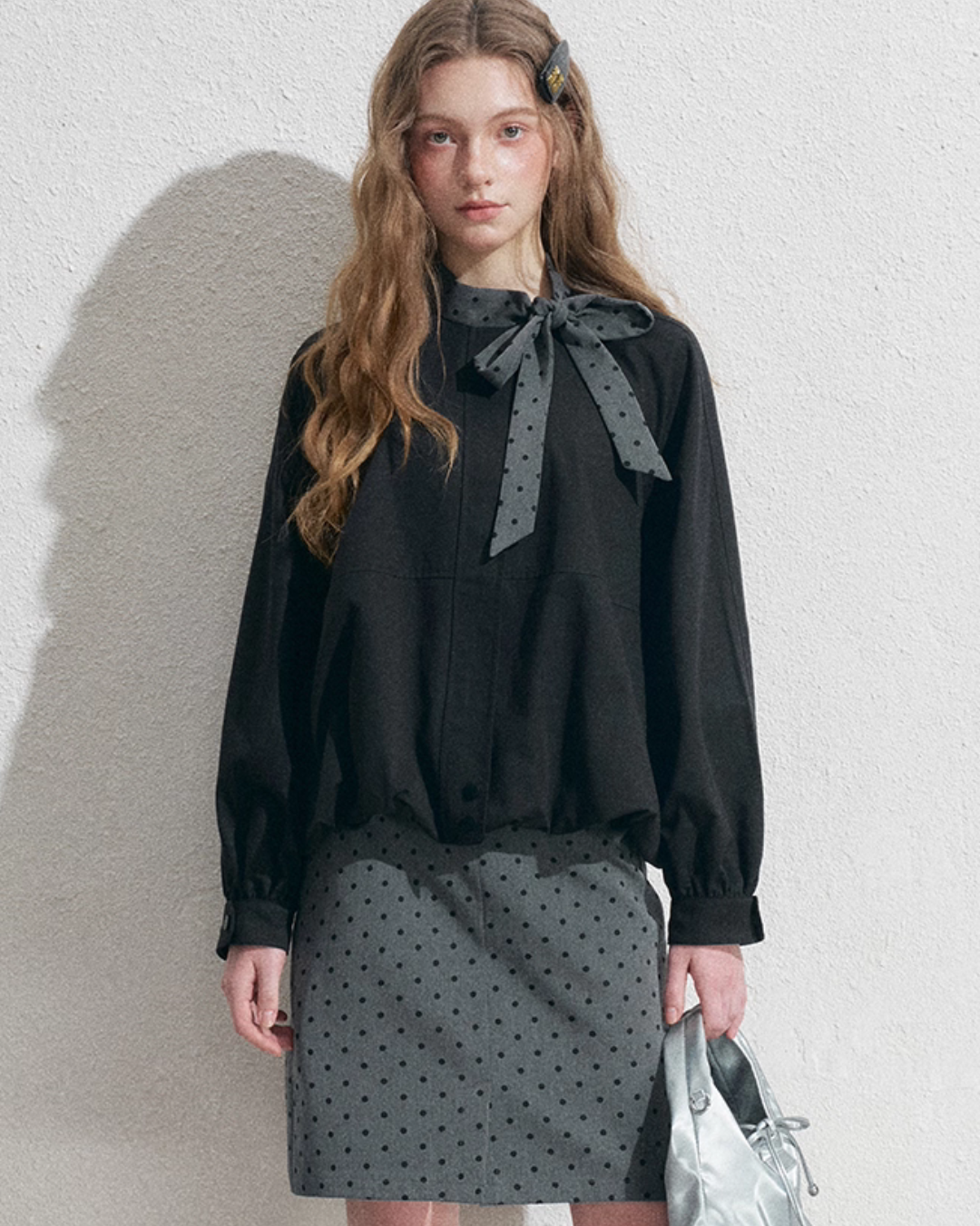 Ribbon Collar Long-Sleeve Blouse / Polka Dot Skirt Ribbon Collar Long-Sleeve Blouse / Polka Dot Skirt