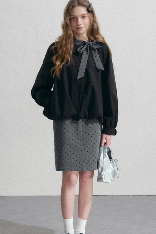 Ribbon Collar Long-Sleeve Blouse / Polka Dot Skirt