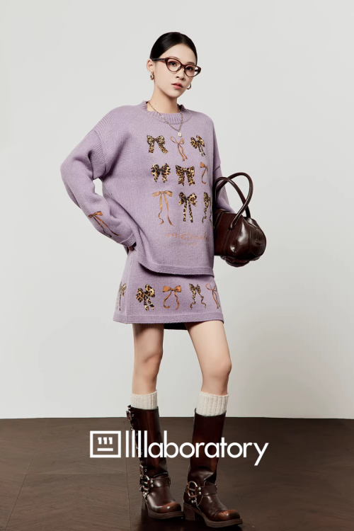 Ribbon Design Knit Top / Knit Mini Skirt