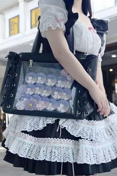 Ribbon Lace Ita Tote Bag with Clear Window for Pin Display