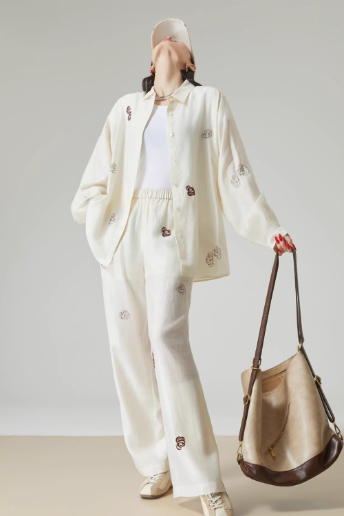 Rose Embroidered Long-Sleeve Shirt / Wide Pants