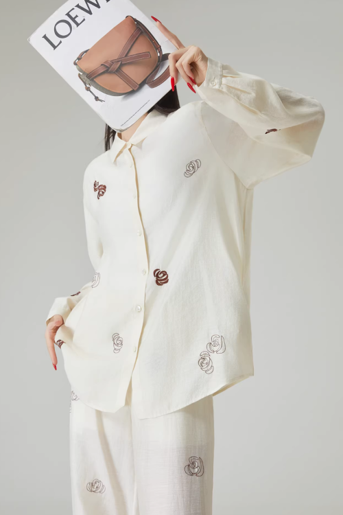 Rose Embroidered Long-Sleeve Shirt / Wide Pants