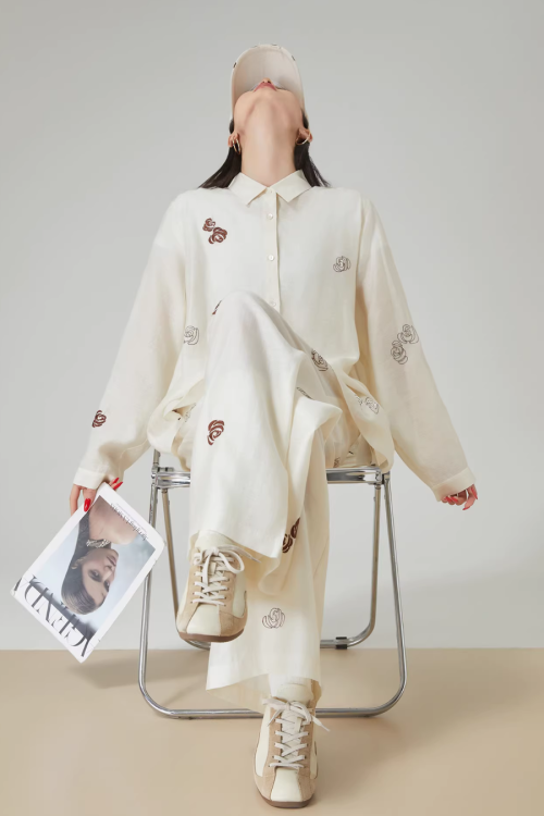Rose Embroidered Long-Sleeve Shirt / Wide Pants