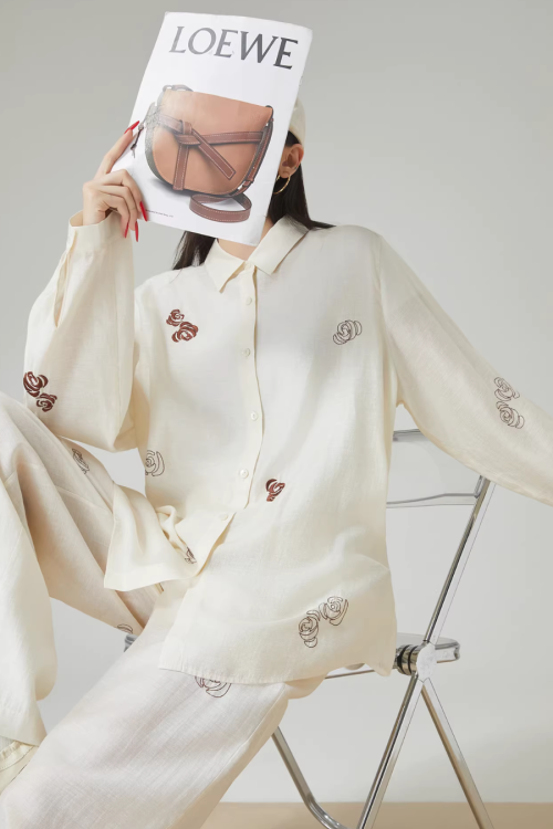 Rose Embroidered Long-Sleeve Shirt / Wide Pants