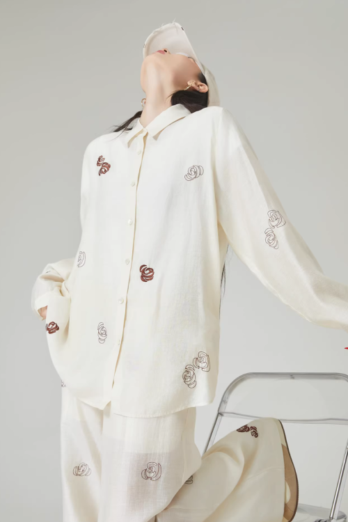 Rose Embroidered Long-Sleeve Shirt / Wide Pants