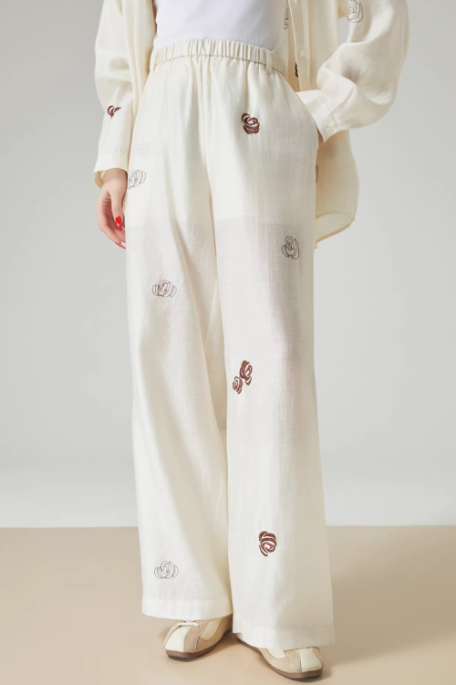 Rose Embroidered Long-Sleeve Shirt / Wide Pants