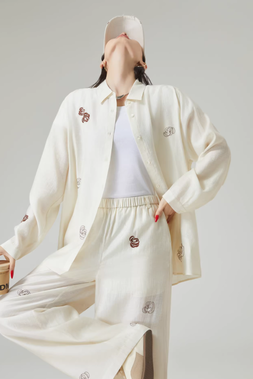 Rose Embroidered Long-Sleeve Shirt / Wide Pants
