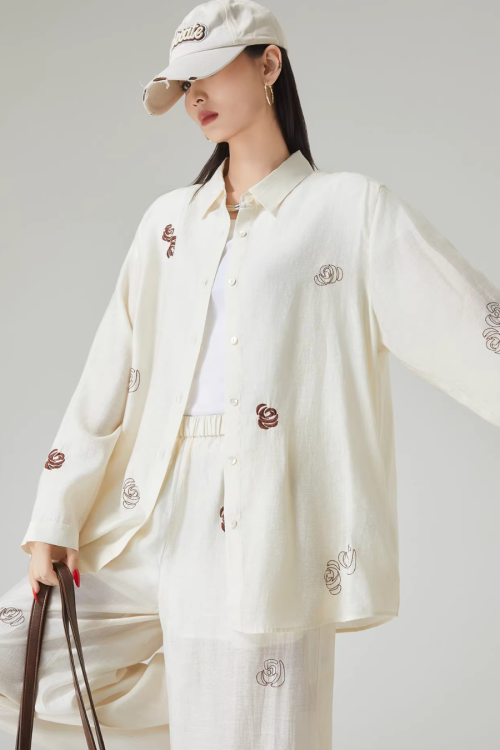Rose Embroidered Long-Sleeve Shirt / Wide Pants