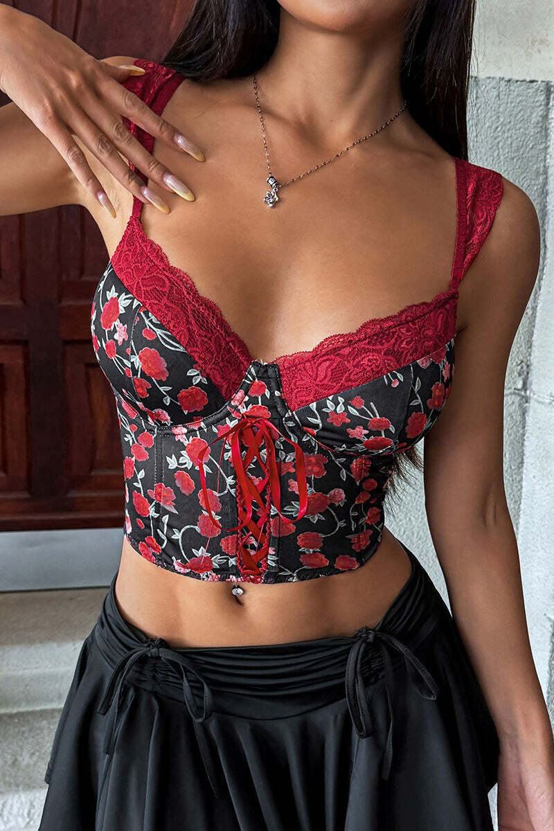Rose Print Lace Bustier Tie Slim Cami Top Rose Print Lace Bustier Tie Slim Cami Top
