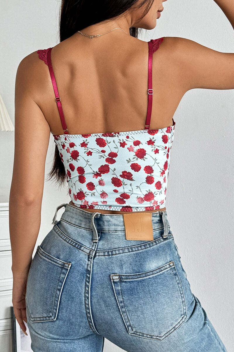 Rose Print Lace Bustier Tie Slim Cami Top Rose Print Lace Bustier Tie Slim Cami Top