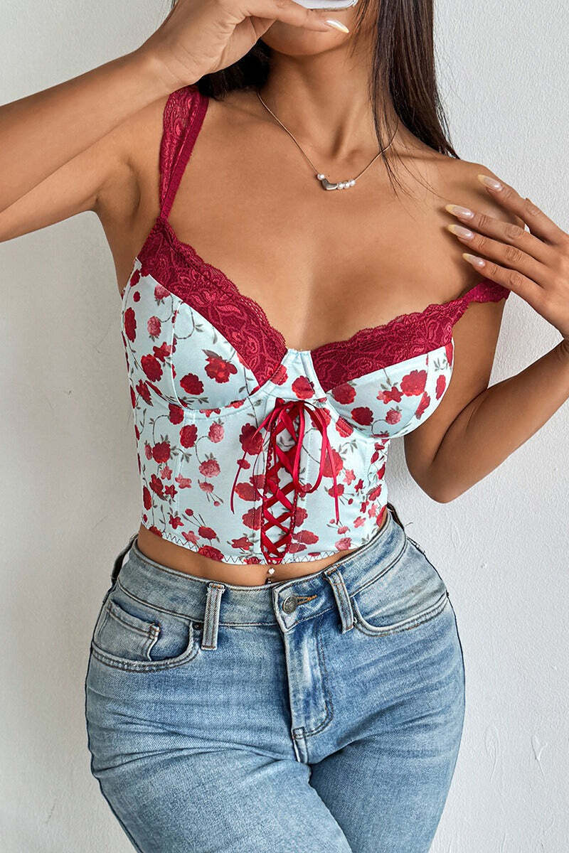 Rose Print Lace Bustier Tie Slim Cami Top Rose Print Lace Bustier Tie Slim Cami Top