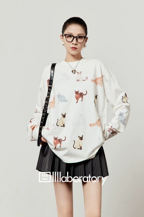 Round Knit Top / Striped A-Line Mini Skirt