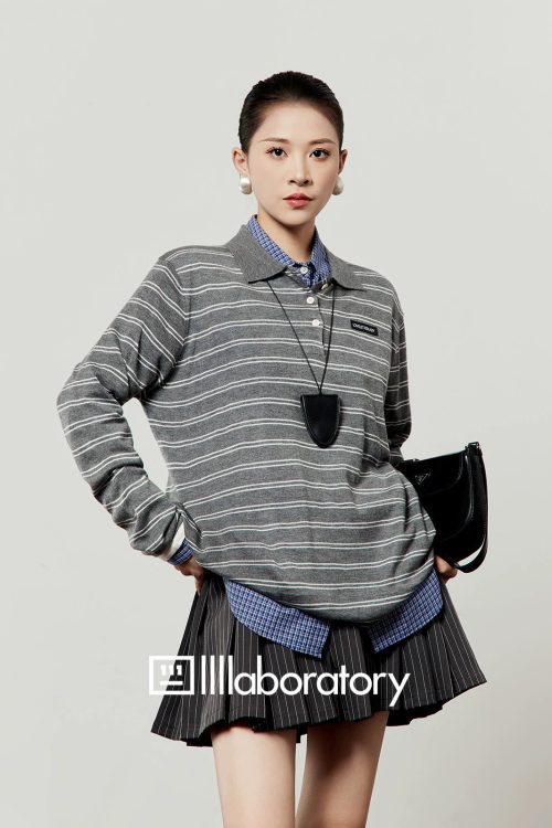 Round Knit Top / Striped A-Line Mini Skirt