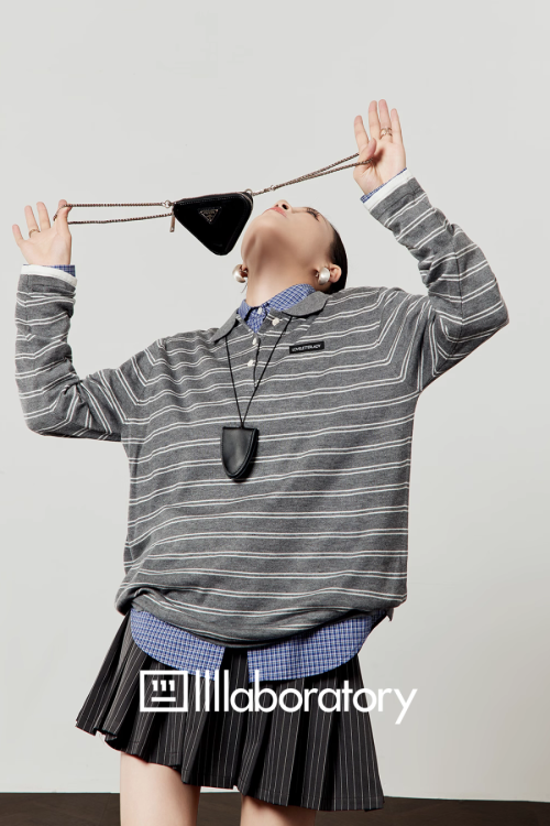 Round Knit Top / Striped A-Line Mini Skirt