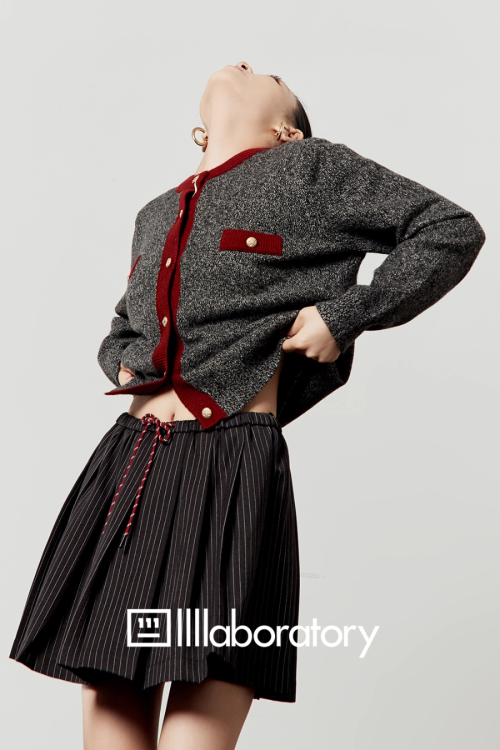 Round Knit Top / Striped A-Line Mini Skirt