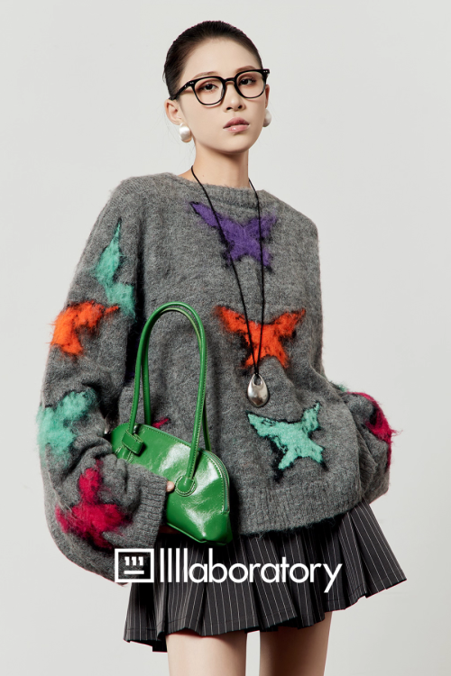 Round Knit Top / Striped A-Line Mini Skirt