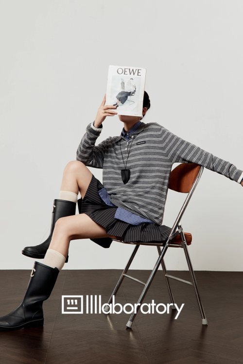 Round Knit Top / Striped A-Line Mini Skirt