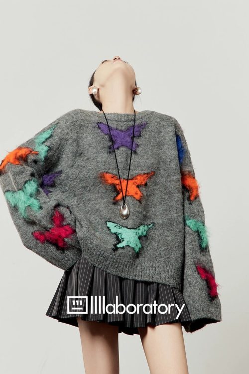 Round Knit Top / Striped A-Line Mini Skirt