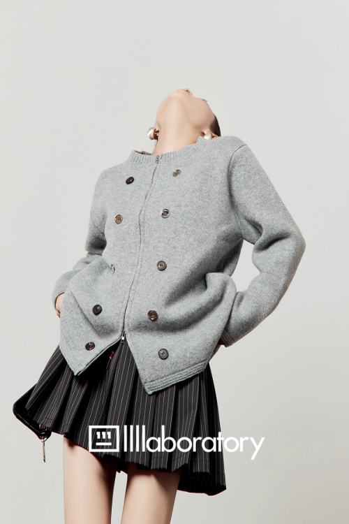 Round Knit Top / Striped A-Line Mini Skirt