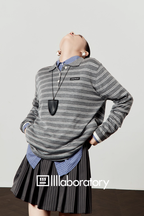 Round Knit Top / Striped A-Line Mini Skirt