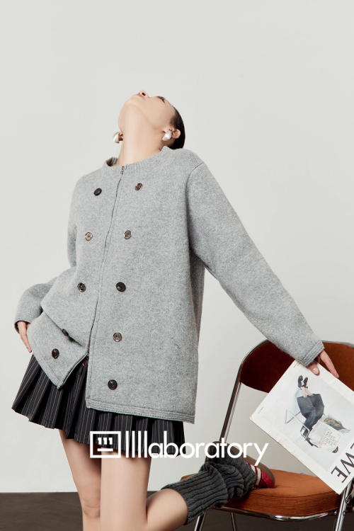 Round Knit Top / Striped A-Line Mini Skirt