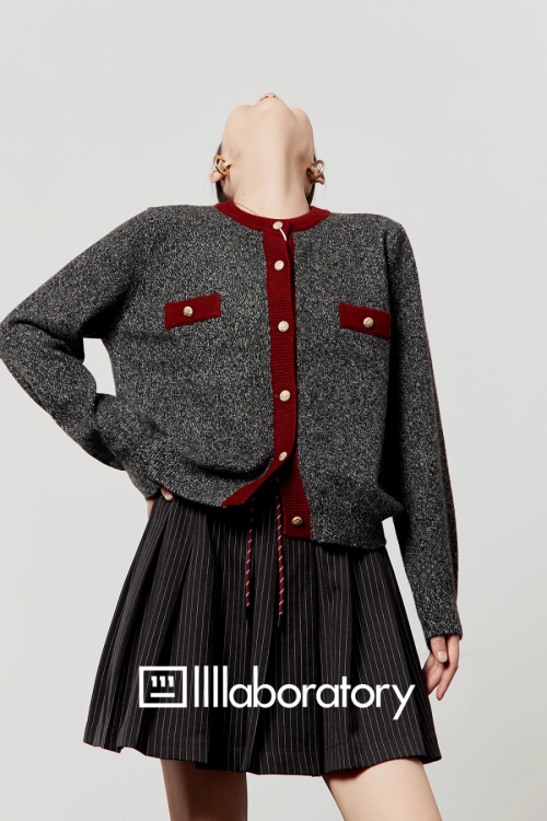 Round Knit Top / Striped A-Line Mini Skirt