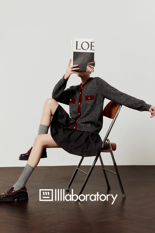 Round Knit Top / Striped A-Line Mini Skirt