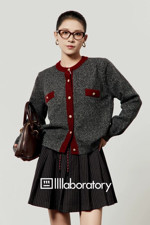 Round Knit Top / Striped A-Line Mini Skirt