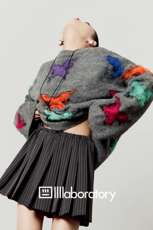 Round Knit Top / Striped A-Line Mini Skirt