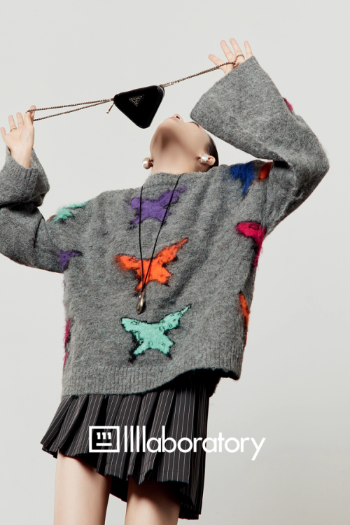 Round Knit Top / Striped A-Line Mini Skirt