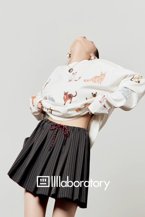 Round Knit Top / Striped A-Line Mini Skirt