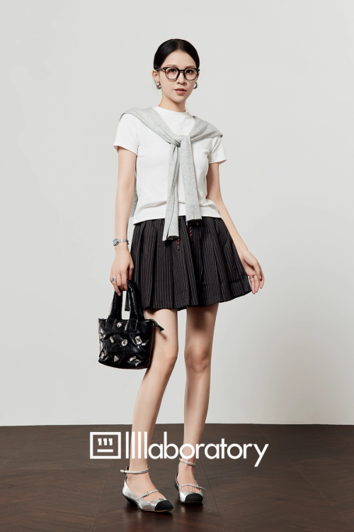 Round Knit Top / Striped A-Line Mini Skirt