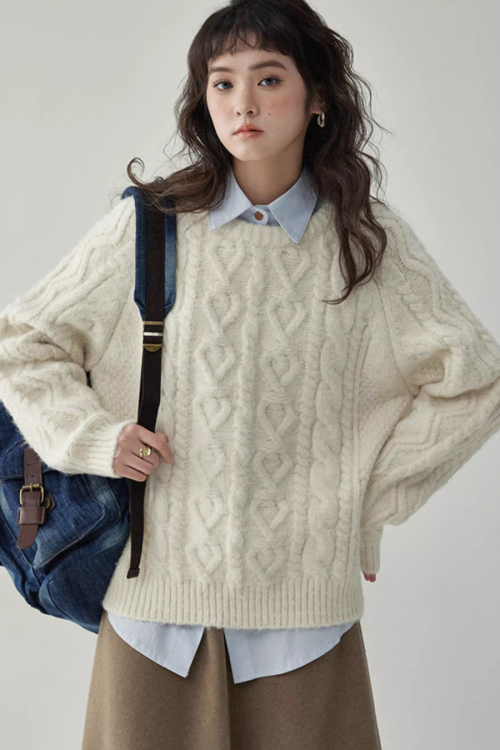 Round Neck Cable Knit Top