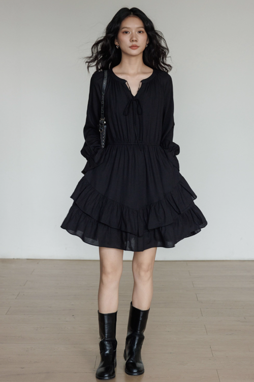 Round Neck Linen Long Sleeve Dress