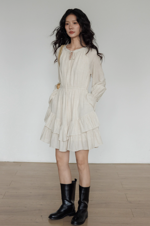 Round Neck Linen Long Sleeve Dress
