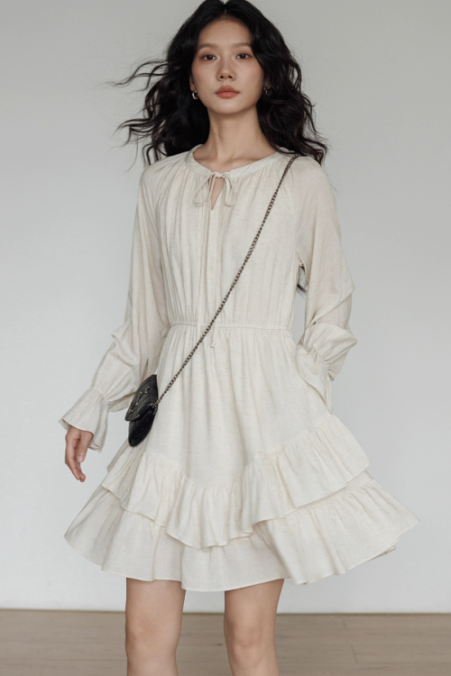 Round Neck Linen Long Sleeve Dress