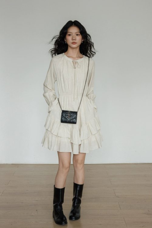 Round Neck Linen Long Sleeve Dress