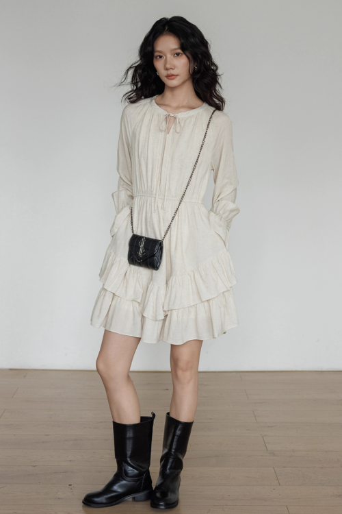 Round Neck Linen Long Sleeve Dress
