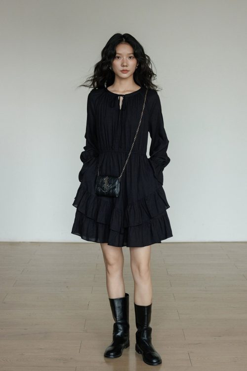 Round Neck Linen Long Sleeve Dress