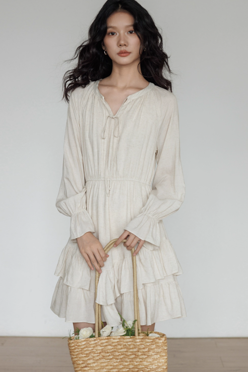Round Neck Linen Long Sleeve Dress
