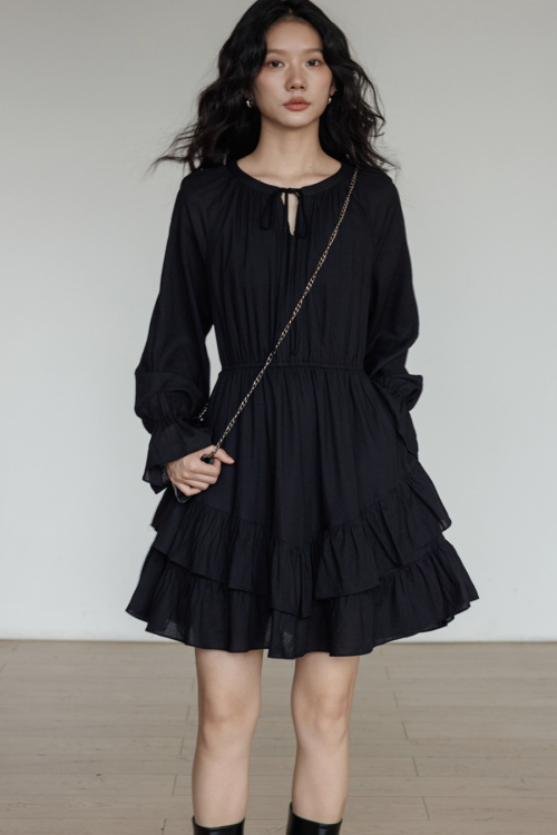 Round Neck Linen Long Sleeve Dress