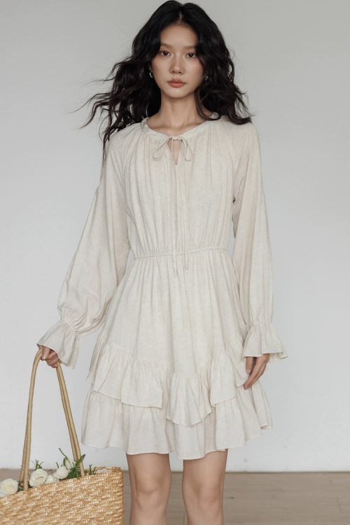 Round Neck Linen Long Sleeve Dress