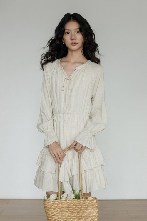 Round Neck Linen Long Sleeve Dress
