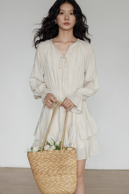 Round Neck Linen Long Sleeve Dress