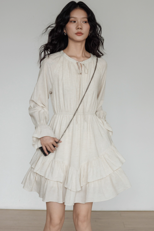 Round Neck Linen Long Sleeve Dress