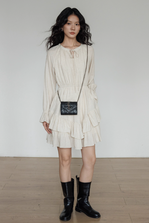 Round Neck Linen Long Sleeve Dress