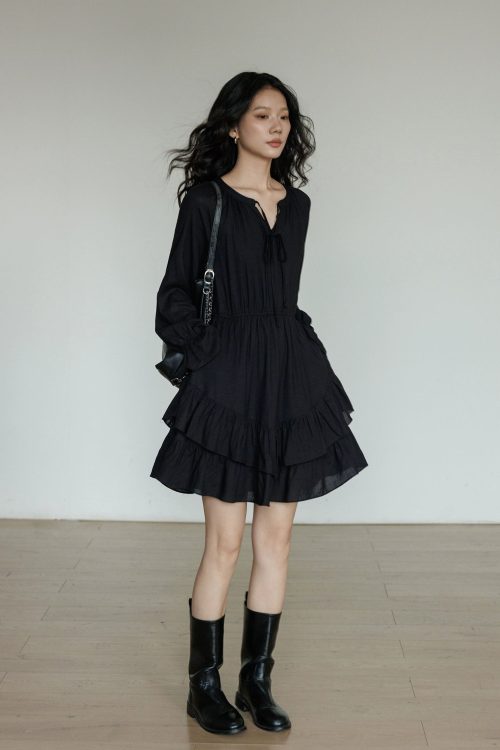 Round Neck Linen Long Sleeve Dress